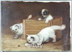 Ancien Tableau La Mouche Peinture Huile Toile Oil Painting Kittens Puppy