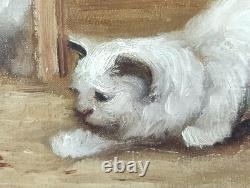 Ancien Tableau La Mouche Peinture Huile Toile Oil Painting Kittens Puppy