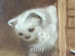 Ancien Tableau La Mouche Peinture Huile Toile Oil Painting Kittens Puppy