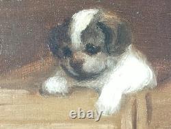 Ancien Tableau La Mouche Peinture Huile Toile Oil Painting Kittens Puppy