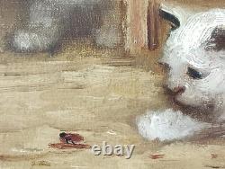 Ancien Tableau La Mouche Peinture Huile Toile Oil Painting Kittens Puppy