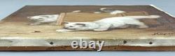 Ancien Tableau La Mouche Peinture Huile Toile Oil Painting Kittens Puppy