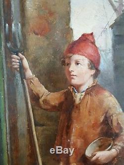 Ancien Tableau Le Jeune Pêcheur Peinture Huile Antique Oil Painting