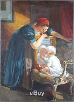 Ancien Tableau Le Miroir Peinture Huile Antique Oil Painting