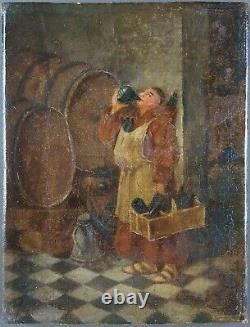 Ancien Tableau Le Moine Buveur Peinture Huile Antique Oil Painting Gemälde