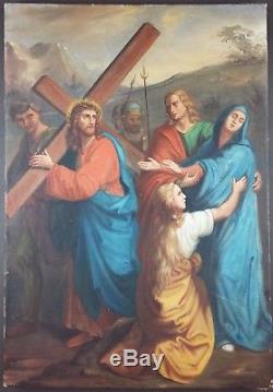 Ancien Tableau Le Portement de Croix Peinture Huile Antique Oil Painting