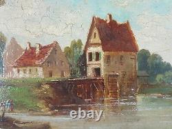 Ancien Tableau Le Ruisseau du Moulin Peinture Huile Antique Oil Painting