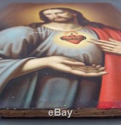 Ancien Tableau Le Sacré-Coeur de Jésus Peinture Huile Antique Oil Painting