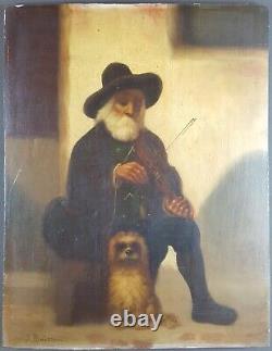 Ancien Tableau Le Violoniste de Rue Peinture Huile Chien Antique Painting Dog