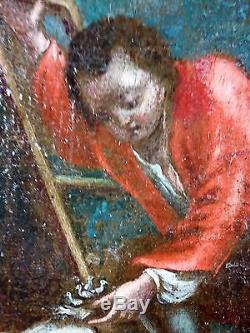 Ancien Tableau Les Oisillons Peinture Huile Antique Oil Painting