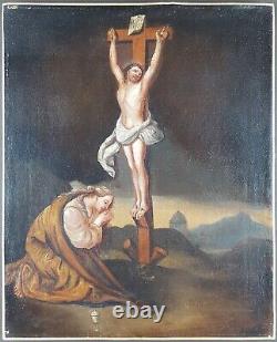 Ancien Tableau Marie Madeleine au Pied de la Croix Peinture Huile Oil Painting