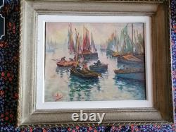 Ancien Tableau Marine Huile Sur Toile Voiliers