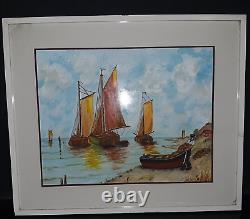 Ancien Tableau Marine provence Scène Côtière Bateaux Pêche Signé ùonograme