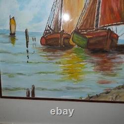 Ancien Tableau Marine provence Scène Côtière Bateaux Pêche Signé ùonograme