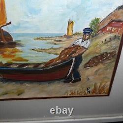 Ancien Tableau Marine provence Scène Côtière Bateaux Pêche Signé ùonograme