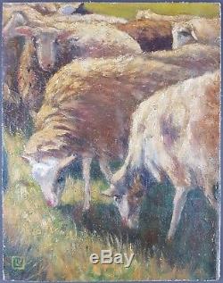 Ancien Tableau Moutons au Pâturage Peinture Huile Antique Oil Painting