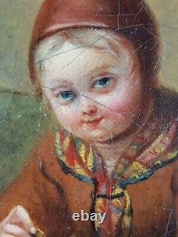 Ancien Tableau Musicienne de Rue Peinture Huile Antique Oil Painting Dipinto