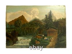 Ancien Tableau Naïf Huile sur Bois Ecole Suisse Paysage Alpin Animé 19ème