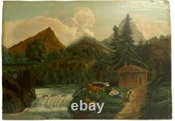 Ancien Tableau Naïf Huile sur Bois Ecole Suisse Paysage Alpin Animé 19ème