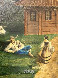 Ancien Tableau Naïf Huile sur Bois Ecole Suisse Paysage Alpin Animé 19ème