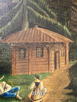 Ancien Tableau Naïf Huile sur Bois Ecole Suisse Paysage Alpin Animé 19ème