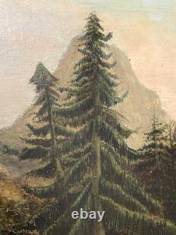 Ancien Tableau Naïf Huile sur Bois Ecole Suisse Paysage Alpin Animé 19ème
