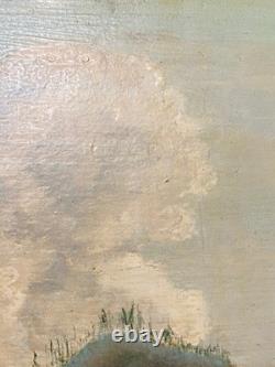 Ancien Tableau Naïf Huile sur Bois Ecole Suisse Paysage Alpin Animé 19ème