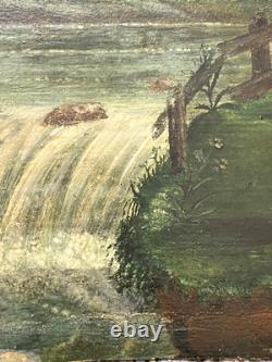 Ancien Tableau Naïf Huile sur Bois Ecole Suisse Paysage Alpin Animé 19ème