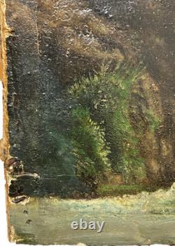 Ancien Tableau Naïf Huile sur Bois Ecole Suisse Paysage Alpin Animé 19ème