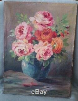 Ancien Tableau Nature Morte Roses Au Vase Fleurs Toile Peinture Huile
