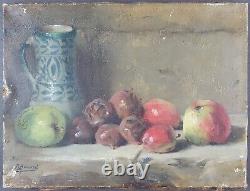 Ancien Tableau Nature Morte avec Pommes et Figues Peinture Huile Oil Painting