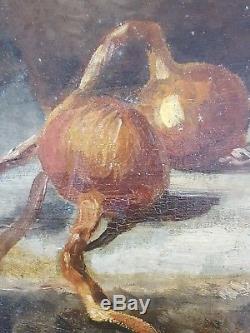 Ancien Tableau Nature Morte avec Poulet Peinture Huile Antique Oil Painting