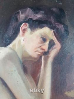 Ancien Tableau Nu Assis Peinture Huile Nu Antique Oil Painting Woman Nude