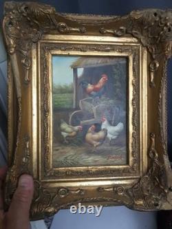 Ancien Tableau Ouvre D'art Peinture à L'huile Toile XIXe Ferme Coq? Poule