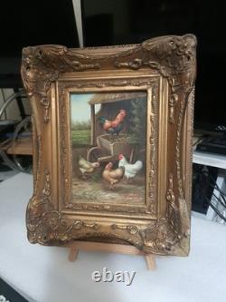 Ancien Tableau Ouvre D'art Peinture à L'huile Toile XIXe Ferme Coq? Poule