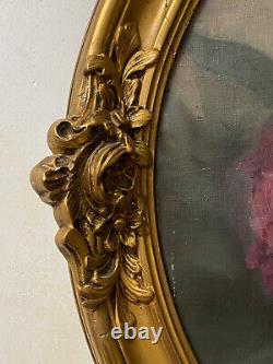 Ancien Tableau Ovale HST Nature Morte Fleurs Cadre Doré & Stuc Oil Painting