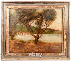 Ancien Tableau Paysage Lac Lacustre Plage Époque 1800 Peinture Huile Toile