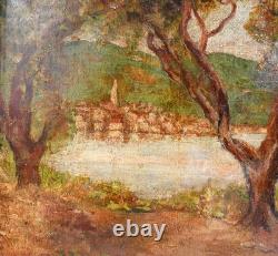 Ancien Tableau Paysage Lac Lacustre Plage Époque 1800 Peinture Huile Toile