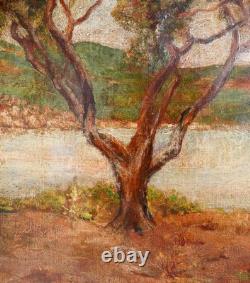 Ancien Tableau Paysage Lac Lacustre Plage Époque 1800 Peinture Huile Toile