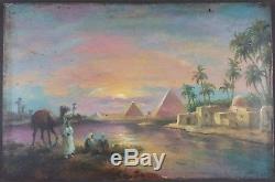 Ancien Tableau Paysage d'Egypte au Crépuscule Peinture Huile Oil Painting