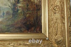 Ancien Tableau Paysage, homme Peinture, huile Antique Oil Painting signée L. M