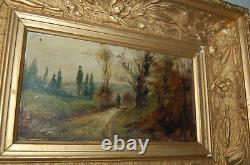 Ancien Tableau Paysage, homme Peinture, huile Antique Oil Painting signée L. M