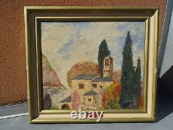 Ancien Tableau Paysage signé Hameau de Paix Huile sur Panneau 61 x 54 cm