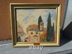 Ancien Tableau Paysage signé Hameau de Paix Huile sur Panneau 61 x 54 cm