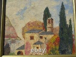 Ancien Tableau Paysage signé Hameau de Paix Huile sur Panneau 61 x 54 cm