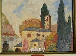 Ancien Tableau Paysage signé Hameau de Paix Huile sur Panneau 61 x 54 cm