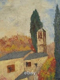 Ancien Tableau Paysage signé Hameau de Paix Huile sur Panneau 61 x 54 cm