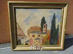 Ancien Tableau Paysage signé Hameau de Paix Huile sur Panneau 61 x 54 cm