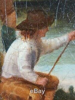 Ancien Tableau Pêche à la Ligne Peinture Huile Antique Painting Antico Dipinto