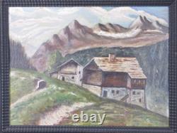 Ancien Tableau Peint À L'huile Bologna Vue Montagne Avec Cadre Noir 1929